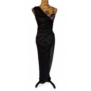 Jump Apparel Wendye Chaitin Black Lace Chiffon Sheath Maxi Formal Dress SZ 3/4